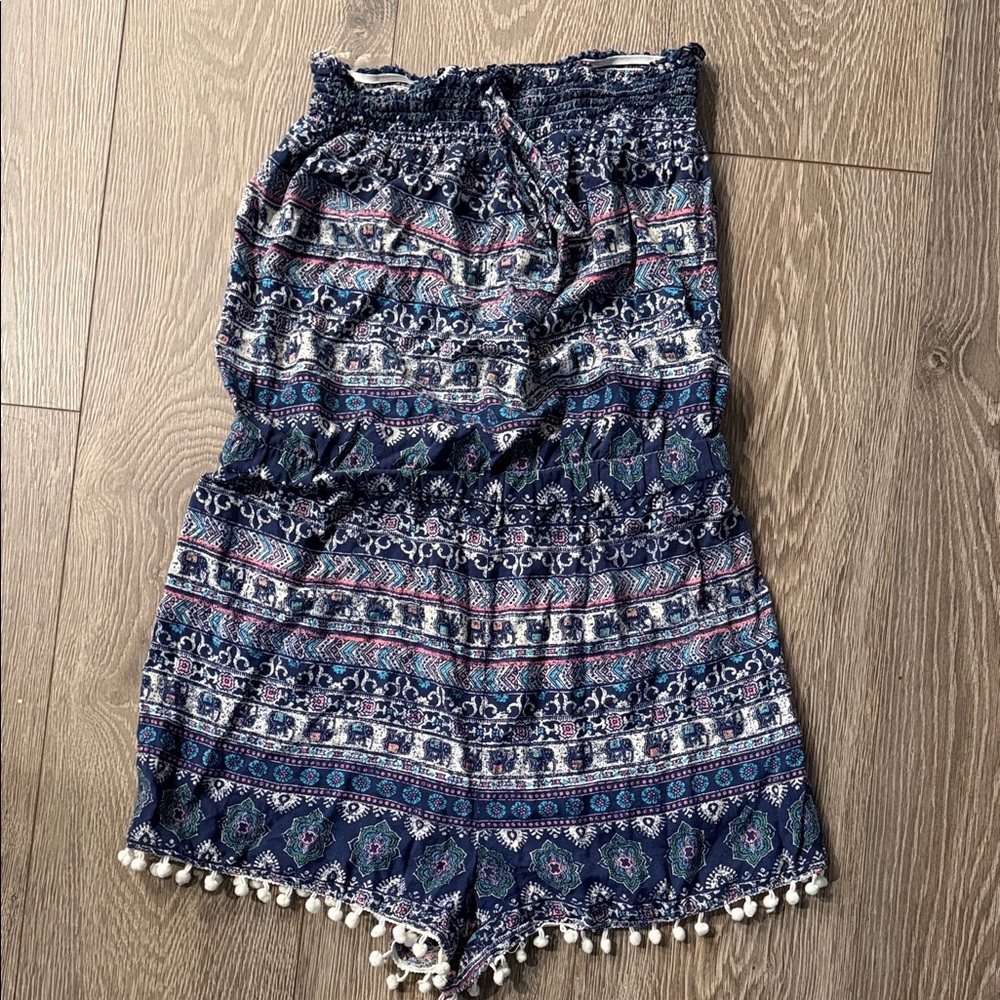 Rue 21 Bohemian Elephant Patterned Strapless Romper with Pom Pom Trim Juniors XL